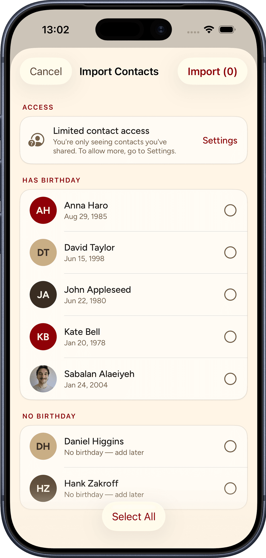 Contact import screen