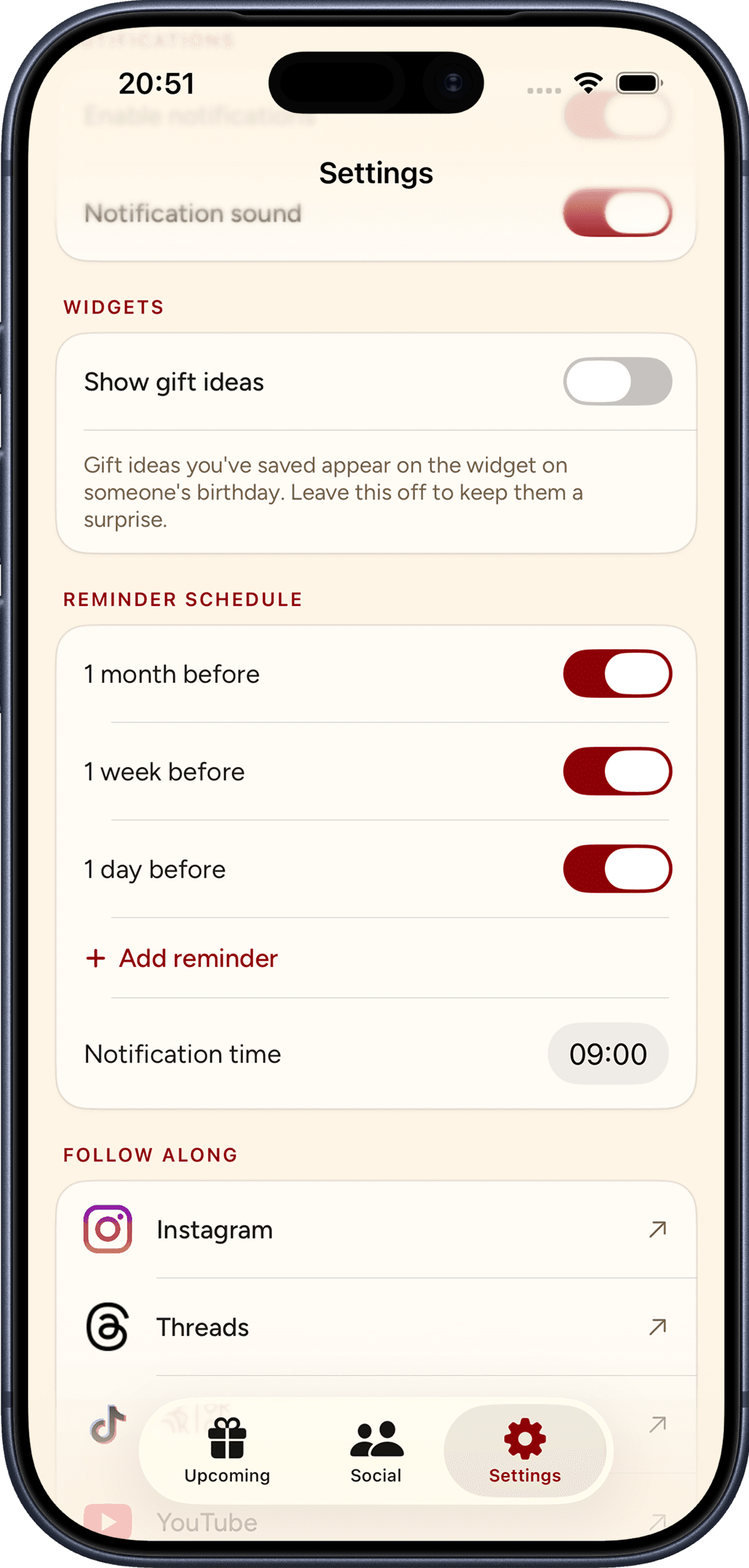 Reminder settings
