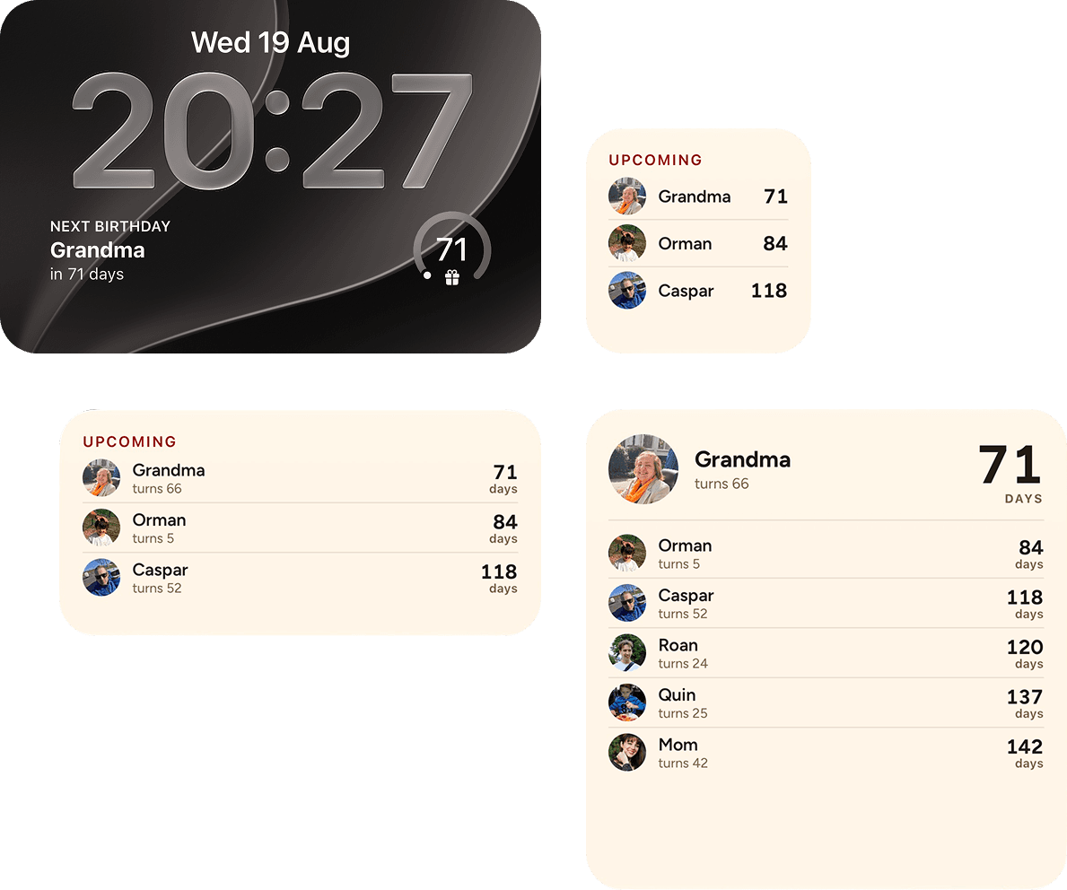Presented widgets in small, medium, and large Home Screen sizes, and a Lock Screen style, each showing upcoming birthdays